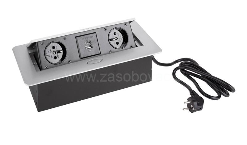 Elektrozásuvka 2 x 230 V + 2 x USB A/C výklopná strieborná